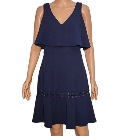 Belle Badgley Mischka Fiona Dress Navy Blue Ruffle Sleeveless Size 0 NWT - Picture 1 of 6
